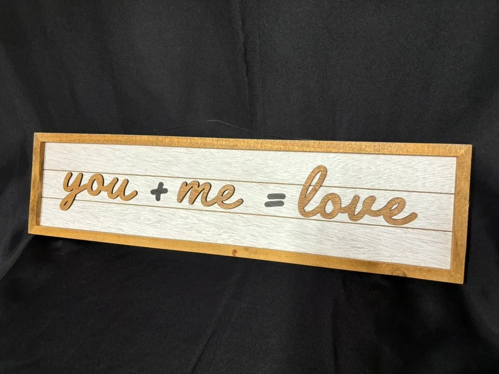 White/Wood "you+me=love" Sign