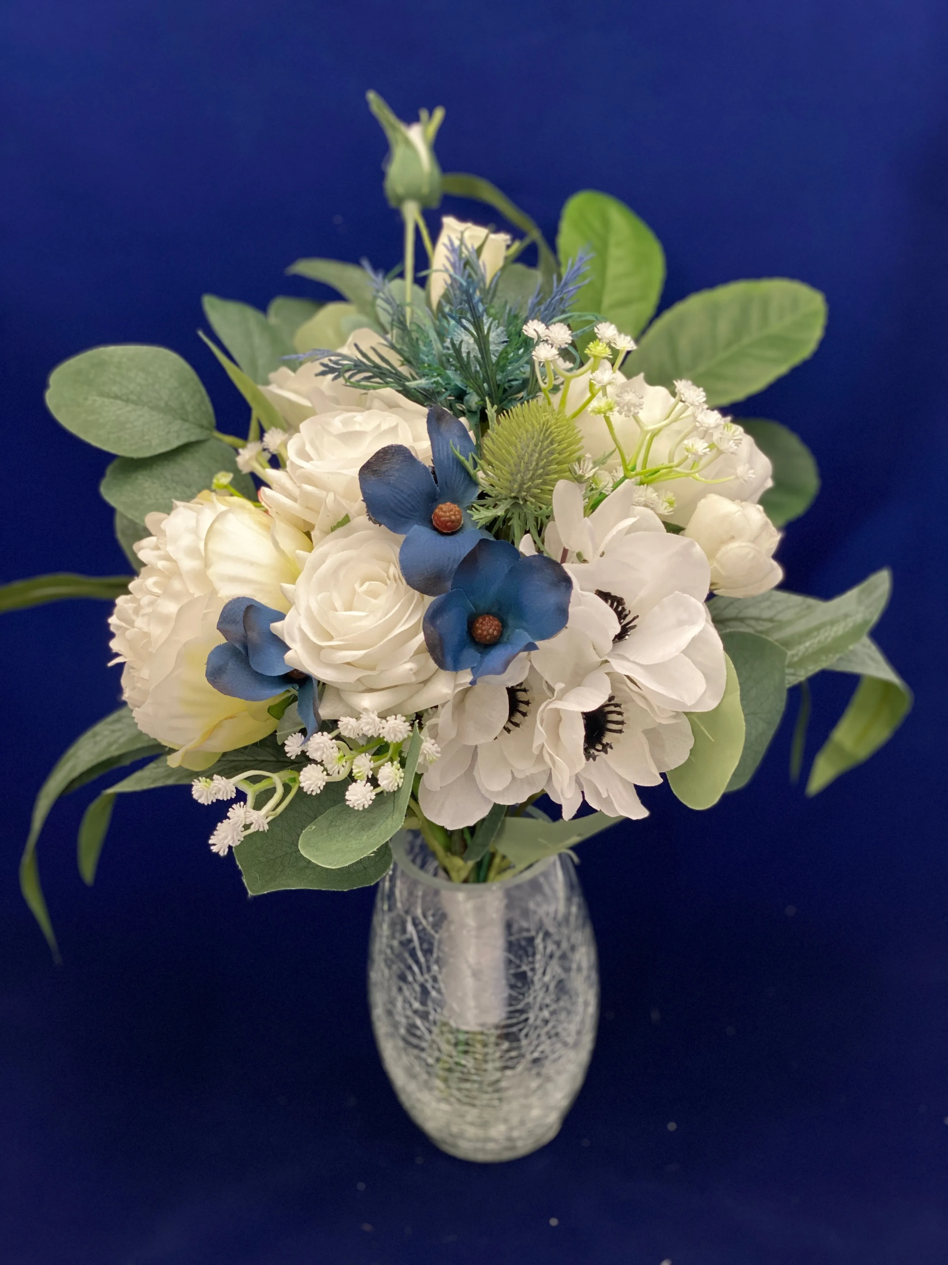 White w/Blue Thistle Bridesmaid Bouquet