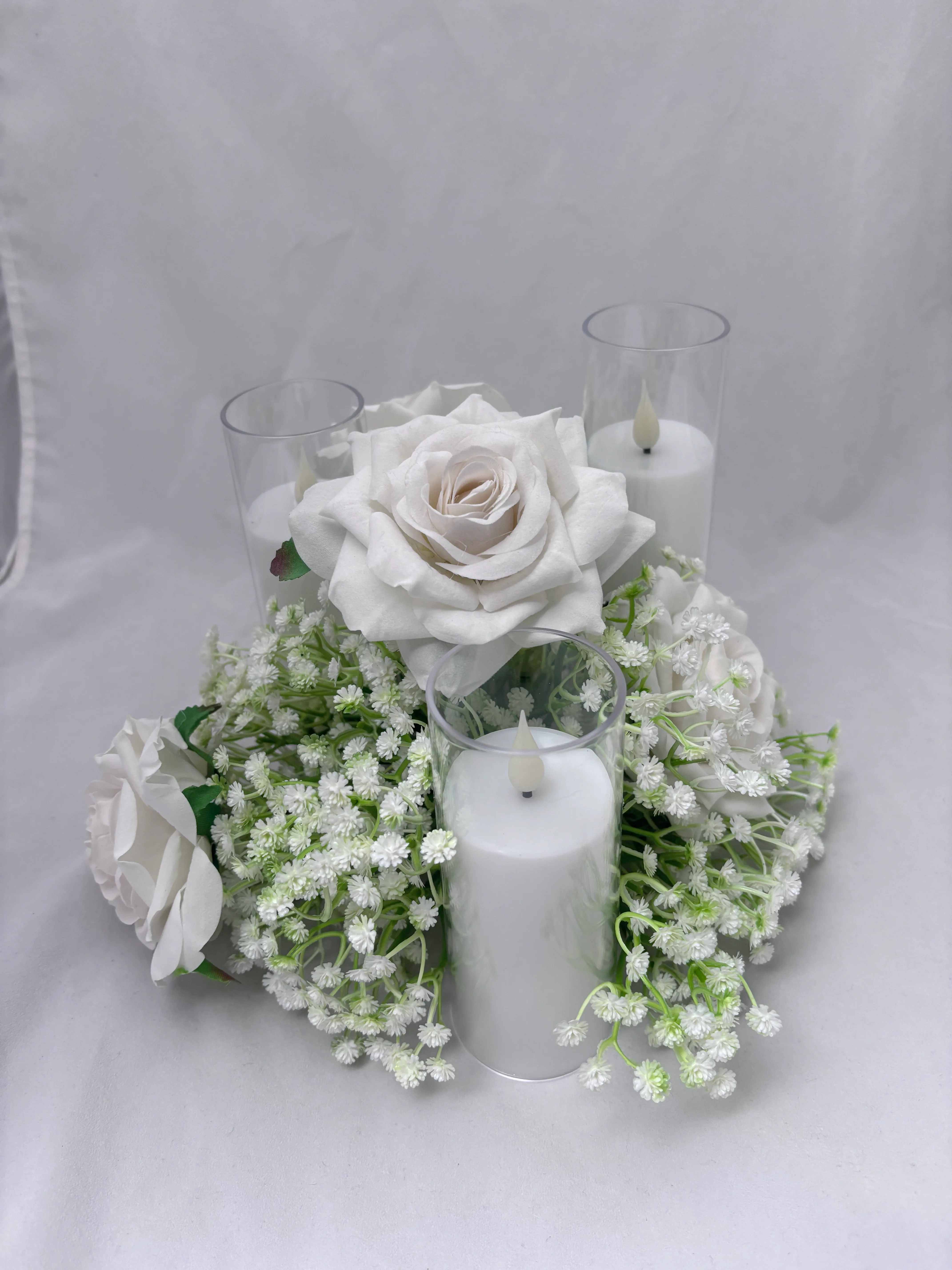 White & Babies Breath Premade Floral Large Centerpiece for Candles 