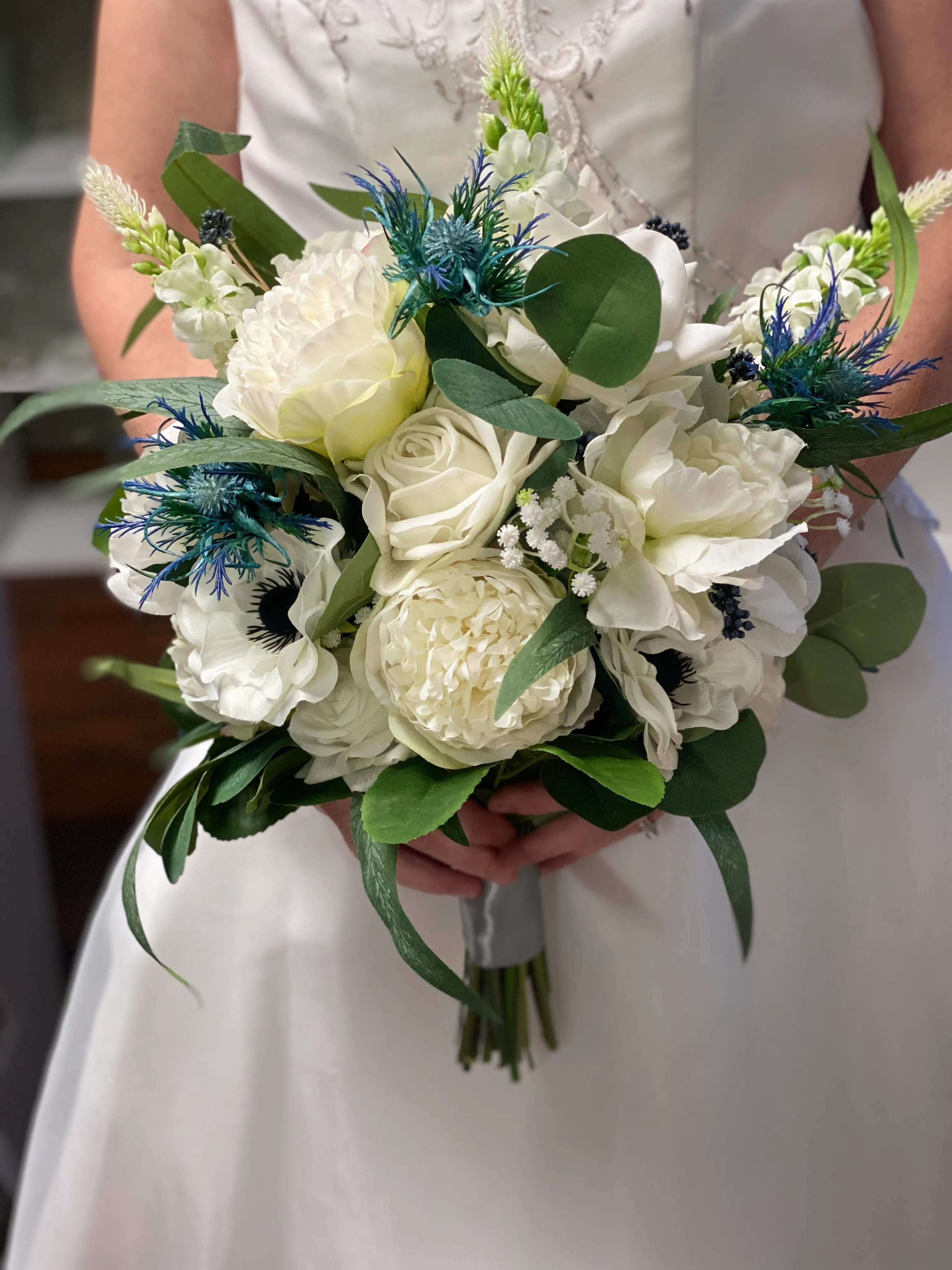 White w/Blue Thistle Bride’s Bouquet 