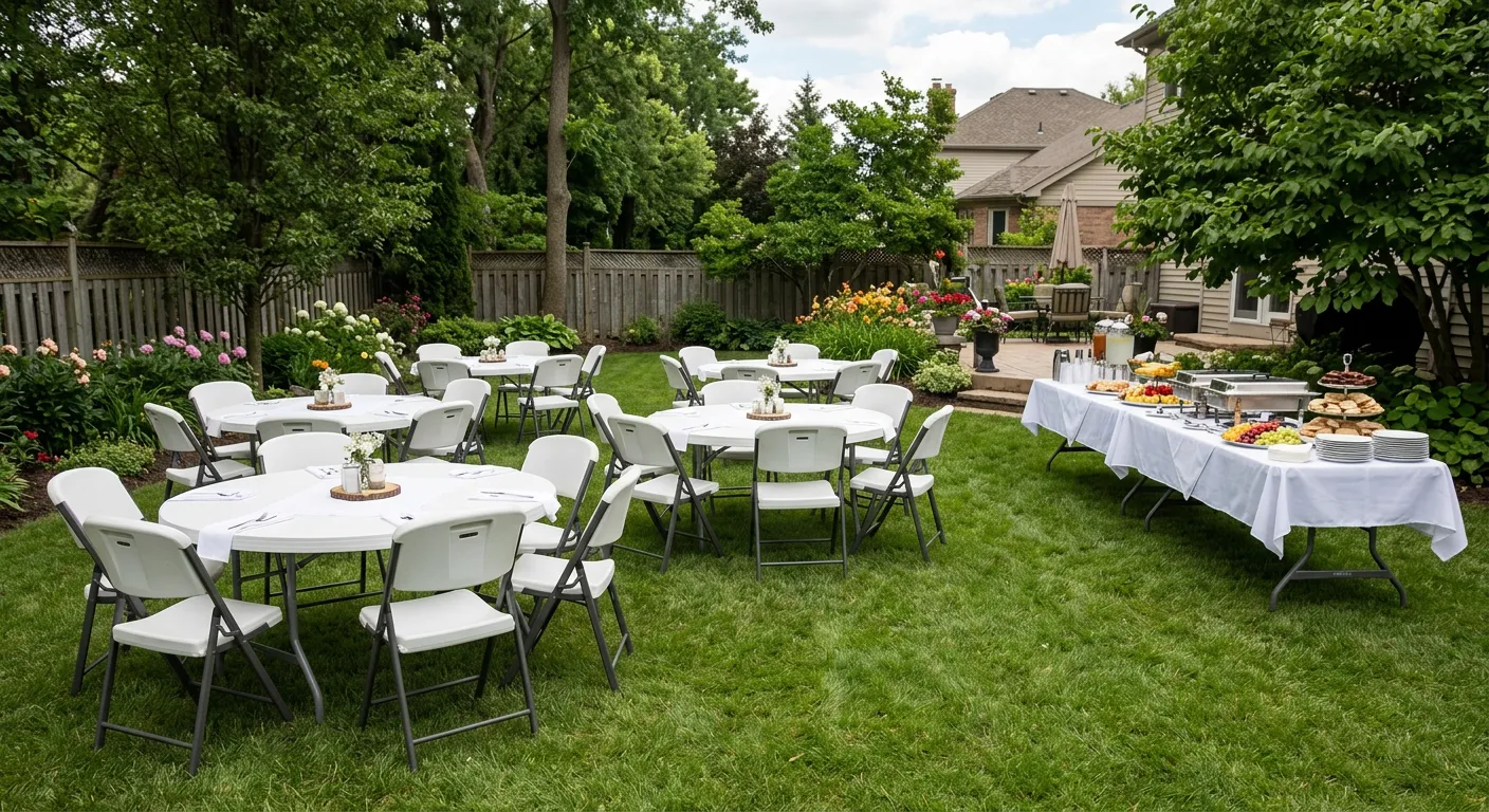 Bundle 15-30 Guest- 6-rounds/30-Chairs/2-food tables (Round trip delivery with in 10-miles INCLUDED from 15150 Cedar Ave) 