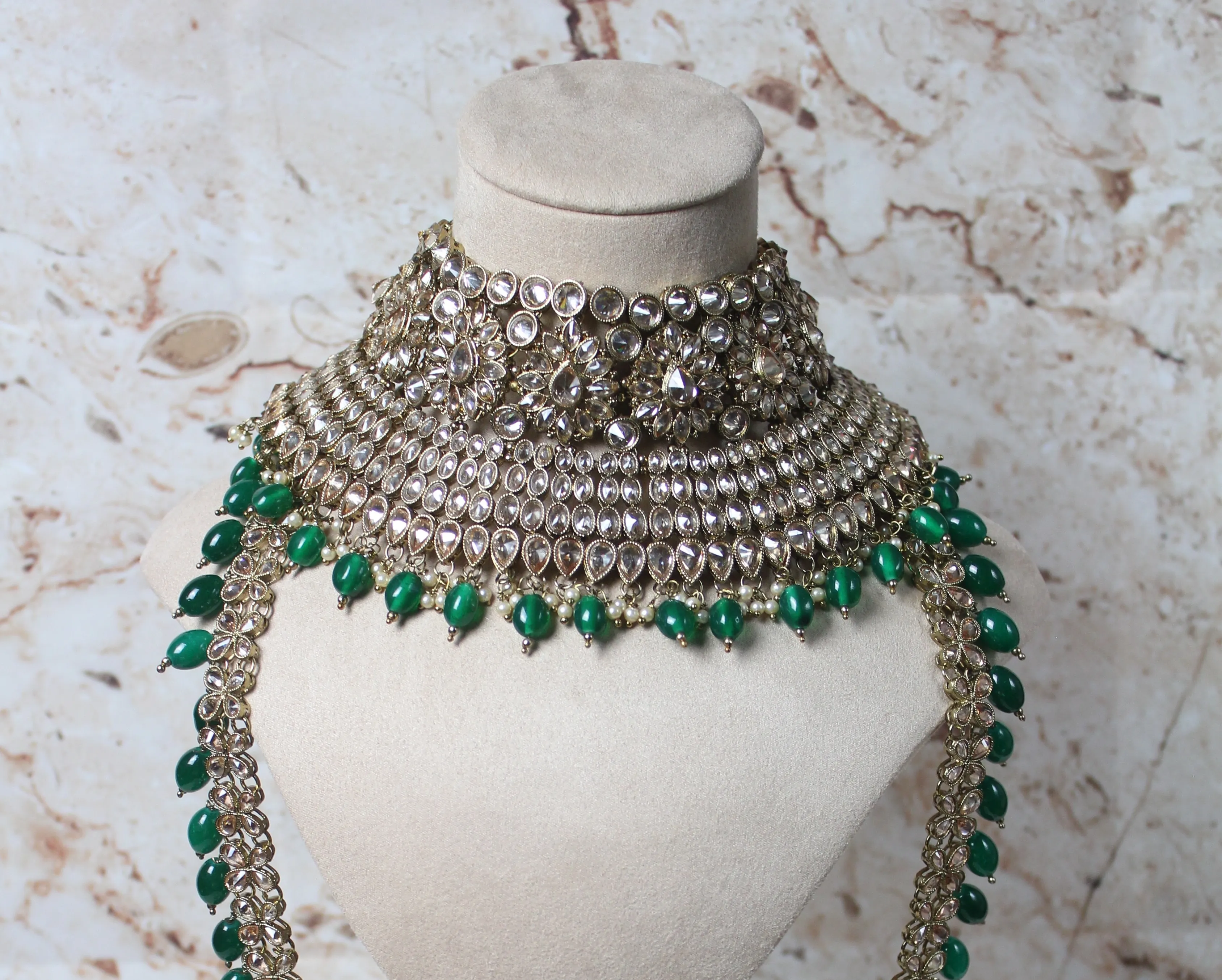 Anushka Polki Bridal Set in Green - Single Line Mala