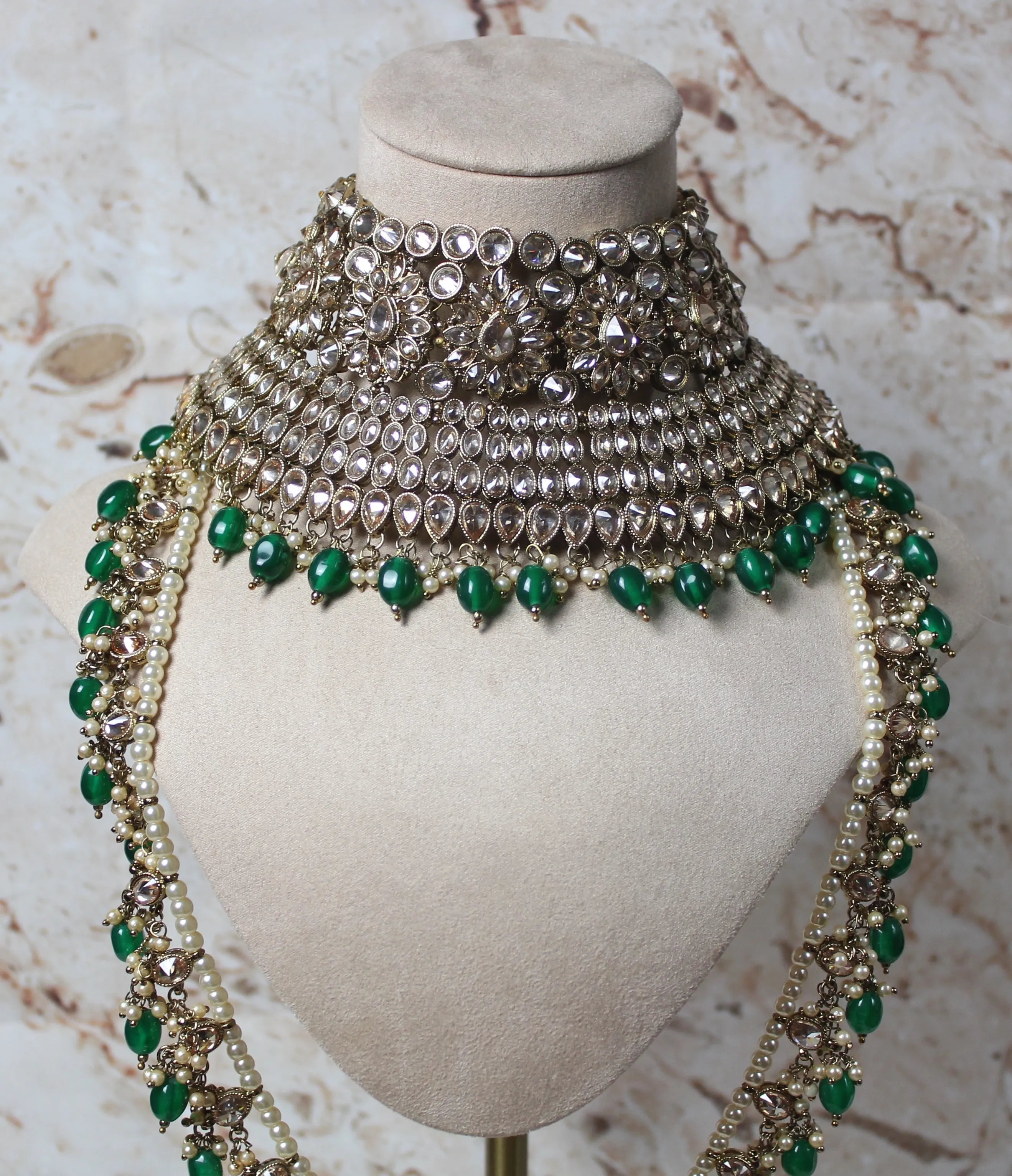 Anushka Polki Bridal Set in Green - Floral Mala