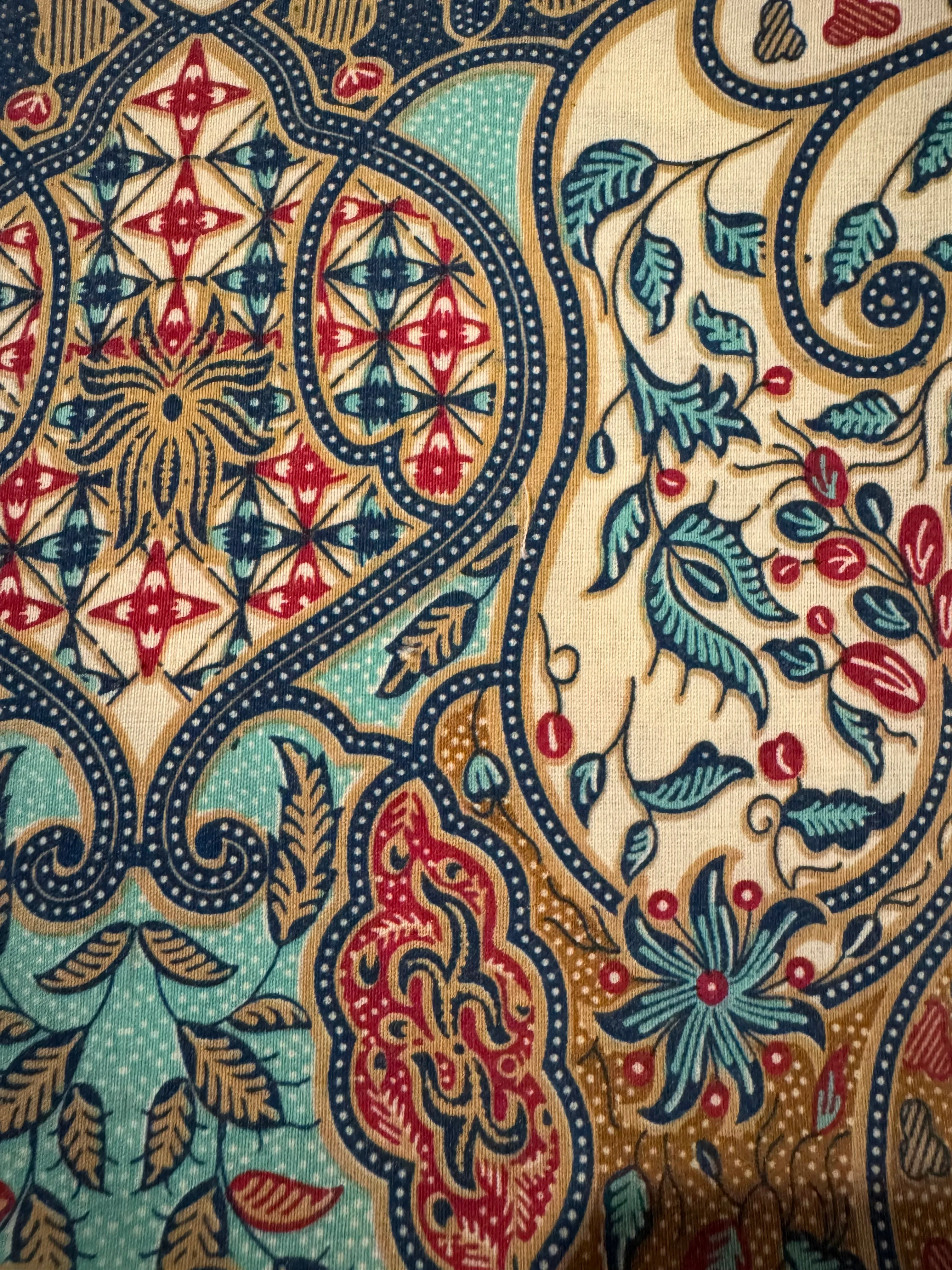 Multicolor paisley printed cotton-linen blend fabric in shades of navy, blue, and red. 44 X 68