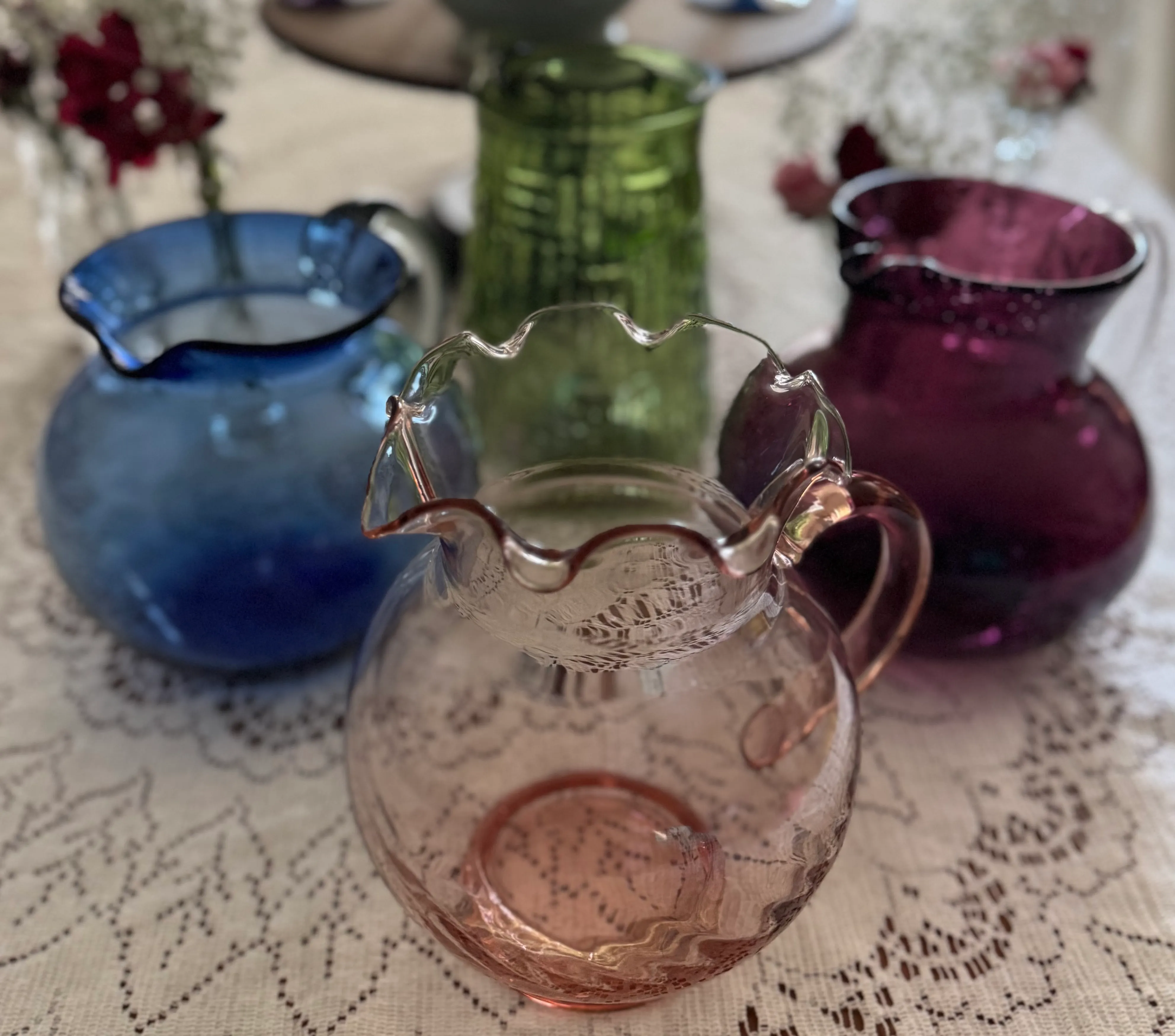 Vintage Colored Glass Water Pitchers 