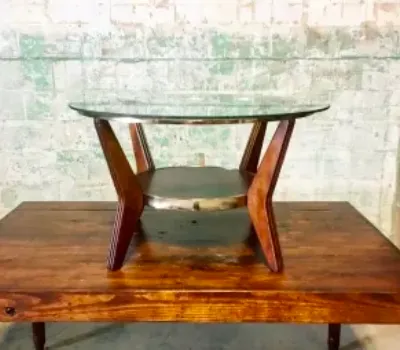 Retro Stained Wood and Round Glass Coffee Table