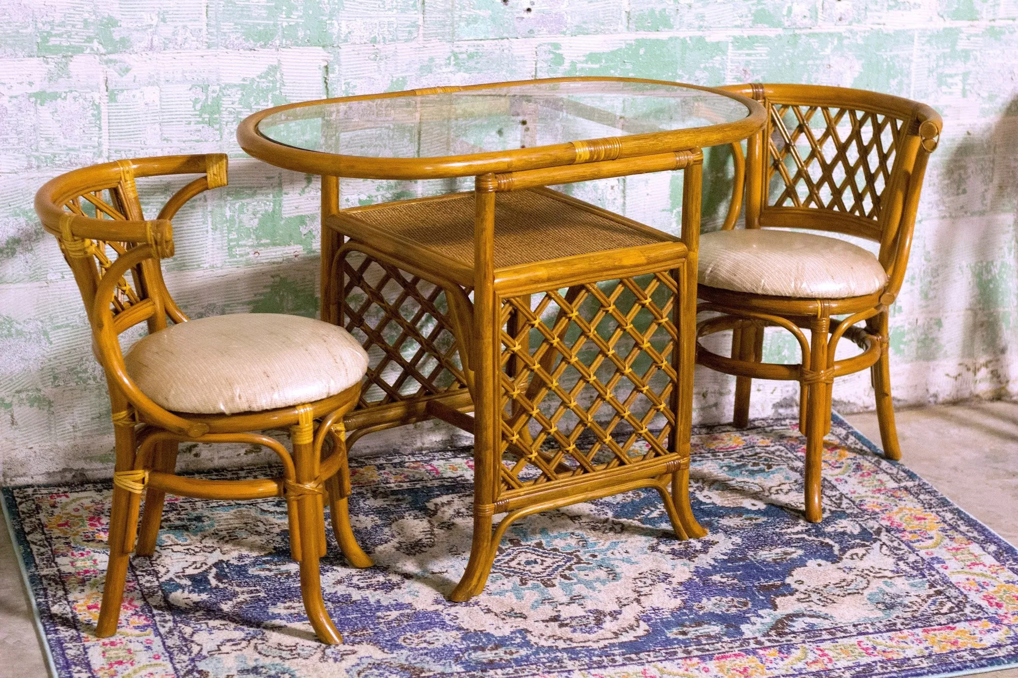 Rattan and Glass Table Set
