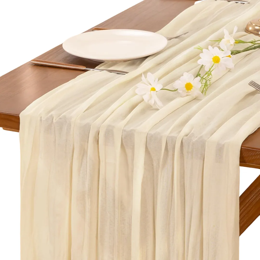 120" Boho Beige Cheesecloth Table Runner - 10ft