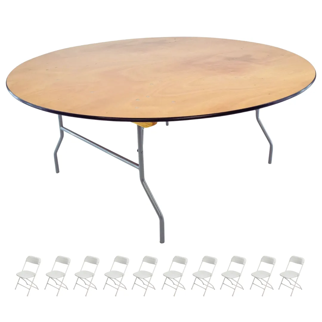 6ft Round Wood Banquet Table & 10 White Folding Chairs Package