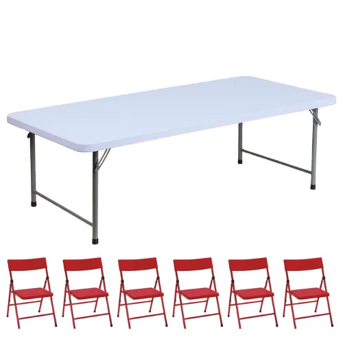 Kids 5ft Table & 6 Red Kids Chairs