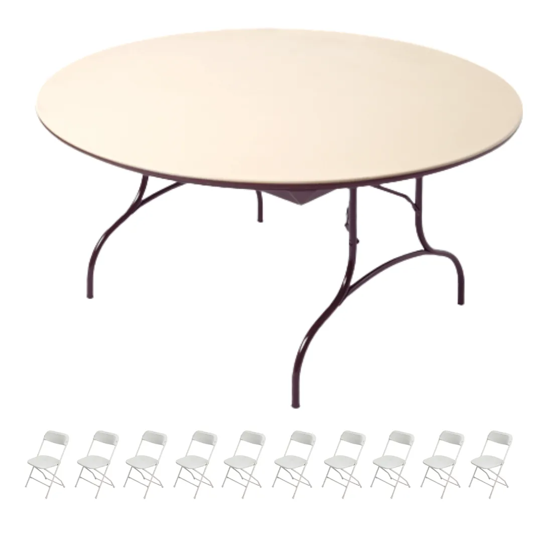 6ft Round Banquet Table & 10 White Folding Chairs Package