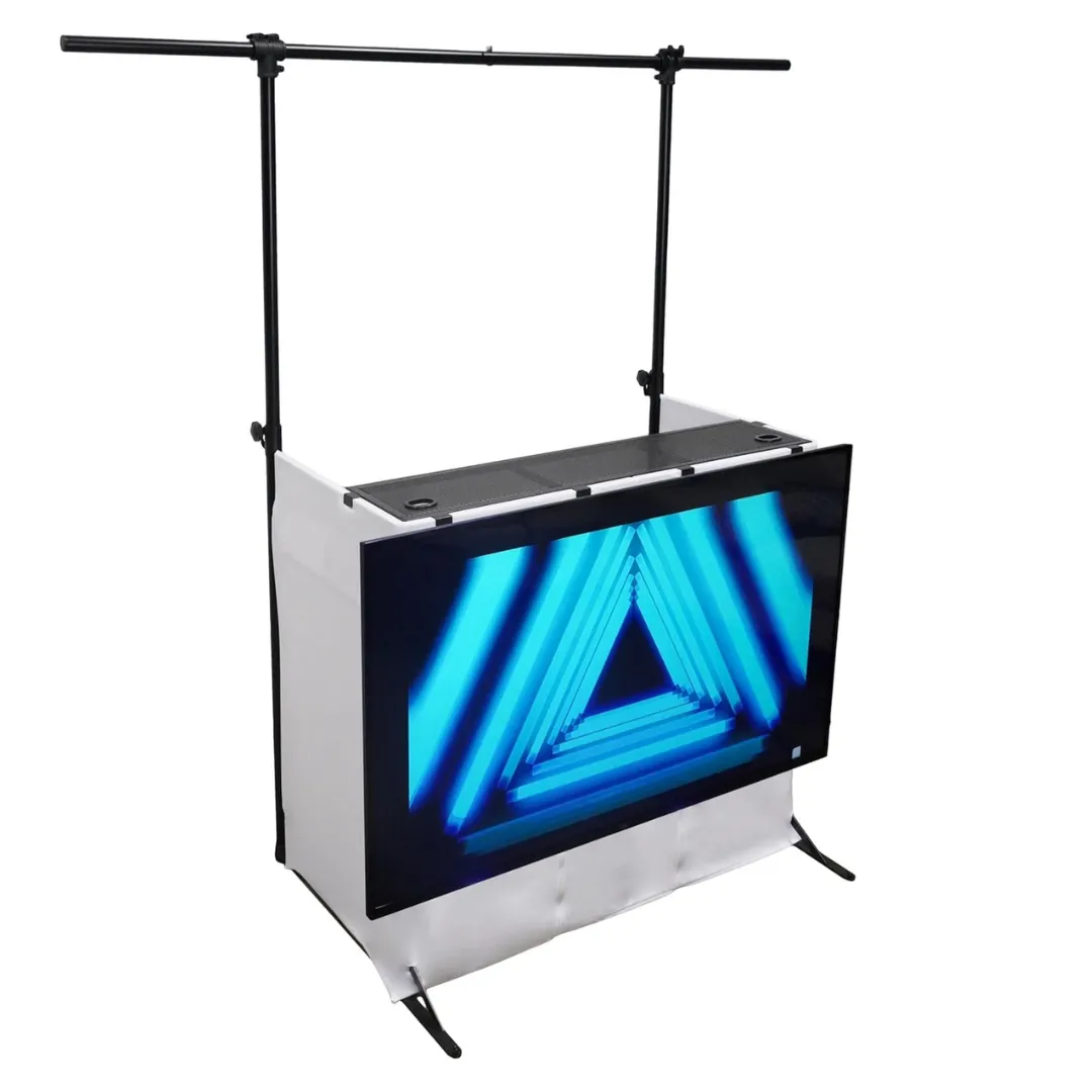Rockbooth Pro Pack DJ Booth Table w/ 40" TV Mount & Lighting Truss - White