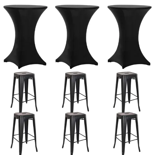 3 Highboy Cocktail Tables + Black Spandex Linens + 6 Black Barstools