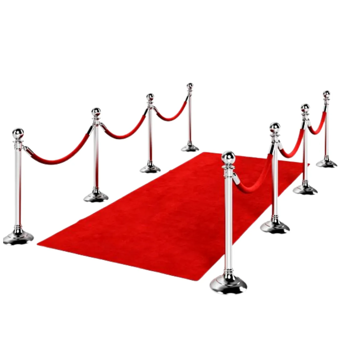 3ft x 30ft Red Carpet and 8 Chrome Stanchions with Red Velvet Rope