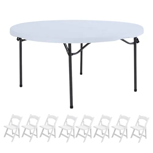 5ft Round Banquet Table & 8 White Padded Resin Folding Chairs
