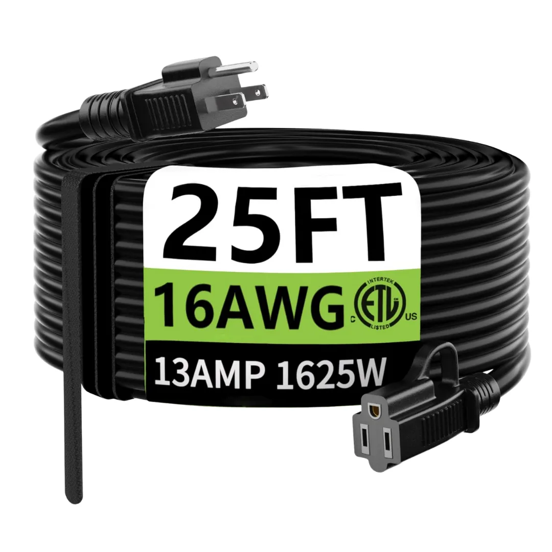 25ft Indoor/Outdoor 16/3 Gauge Waterproof Extension Cord
