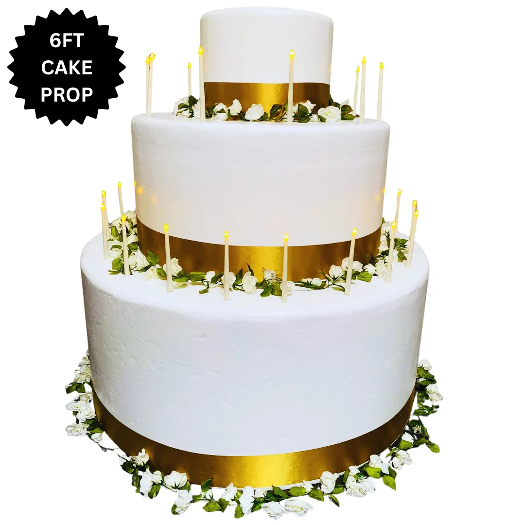 6FT Cake Prop with Florals & Gold Ribbon - Birthdays - Weddings