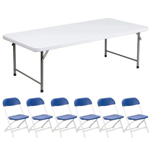 Kids 5ft Table & 6 Blue Plastic Kids Chairs