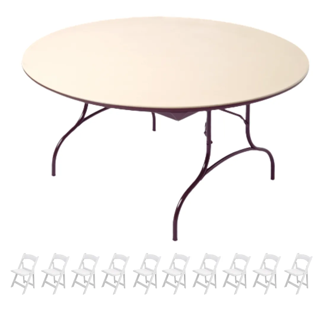 6ft Round Banquet Table & 10 White Padded Resin Chairs Package