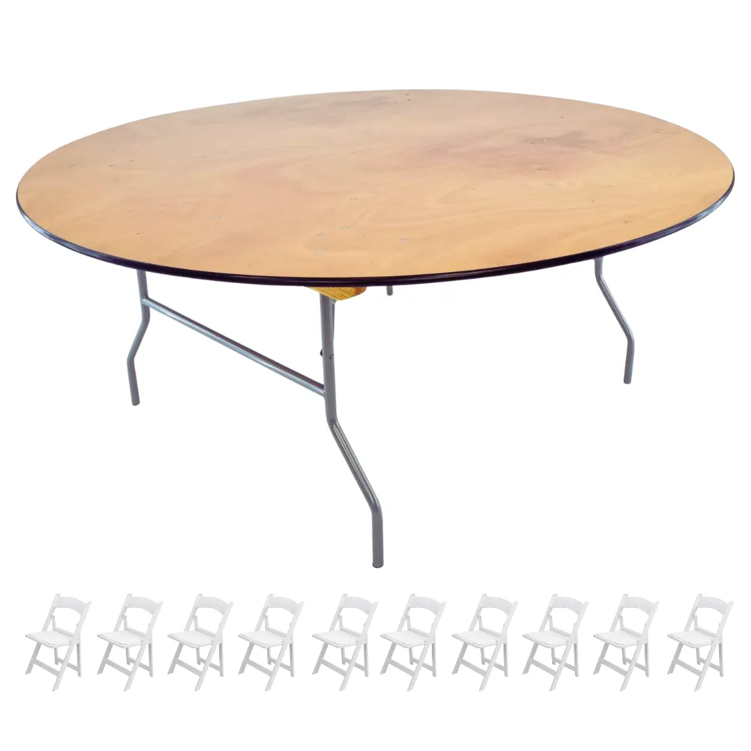 6ft Round Wood Banquet Table & 10 White Padded Resin Chairs Package
