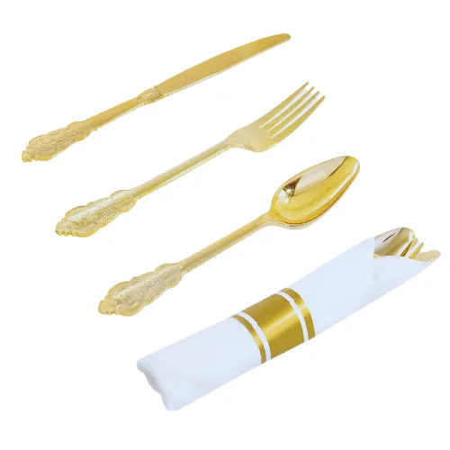 50 Pre Rolled Gold Elegant Plastic Silverware Sets