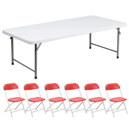 Kids 5ft Table & 6 Red Plastic Kids Chairs