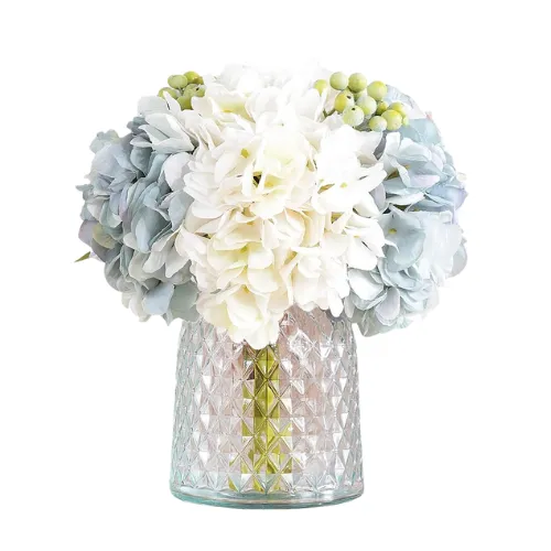  Hydrangeas Artificial Floral Arrangement in Glass Vase with Crystal Beads