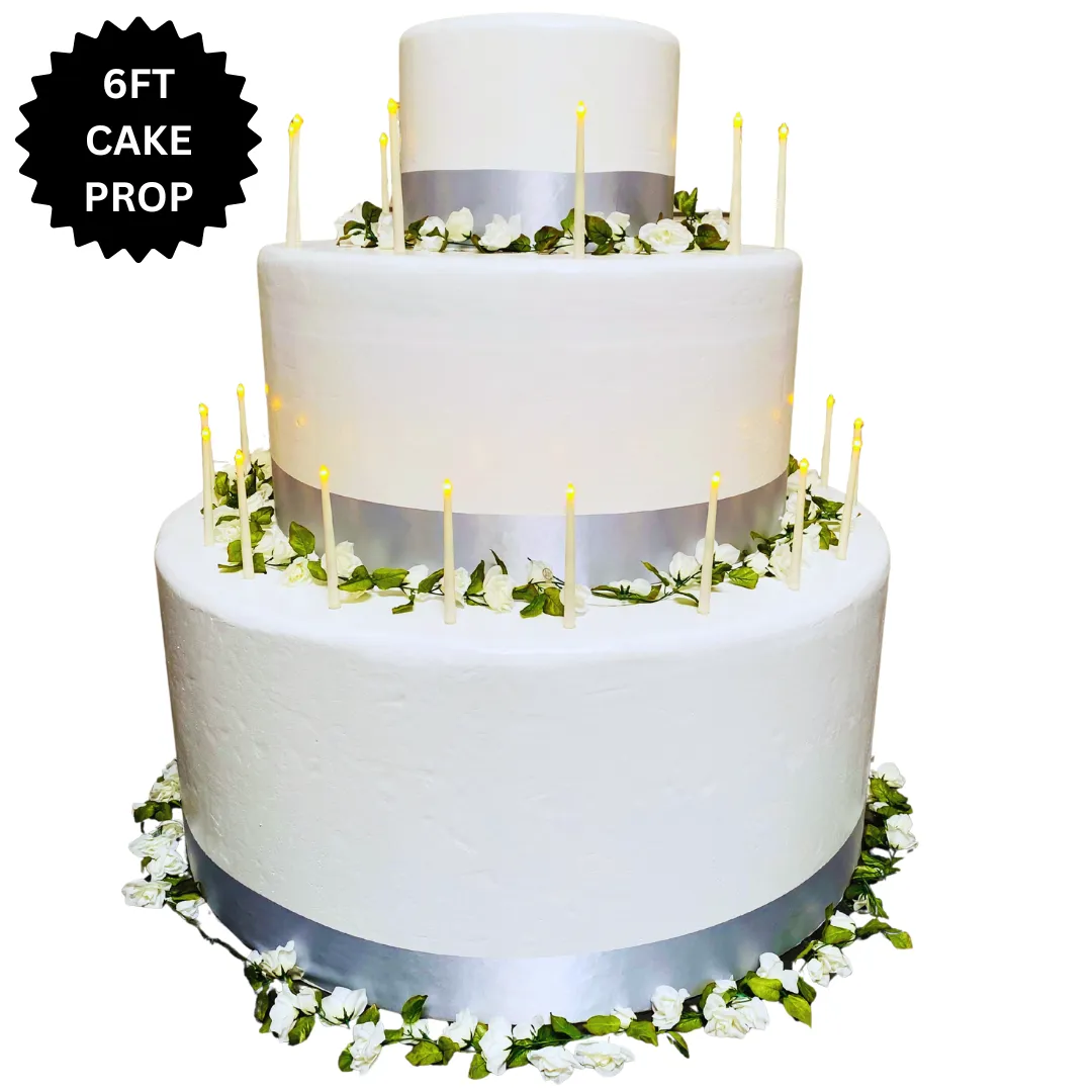 6FT Cake Prop with Florals & Silver Ribbon - Birthdays - Weddings