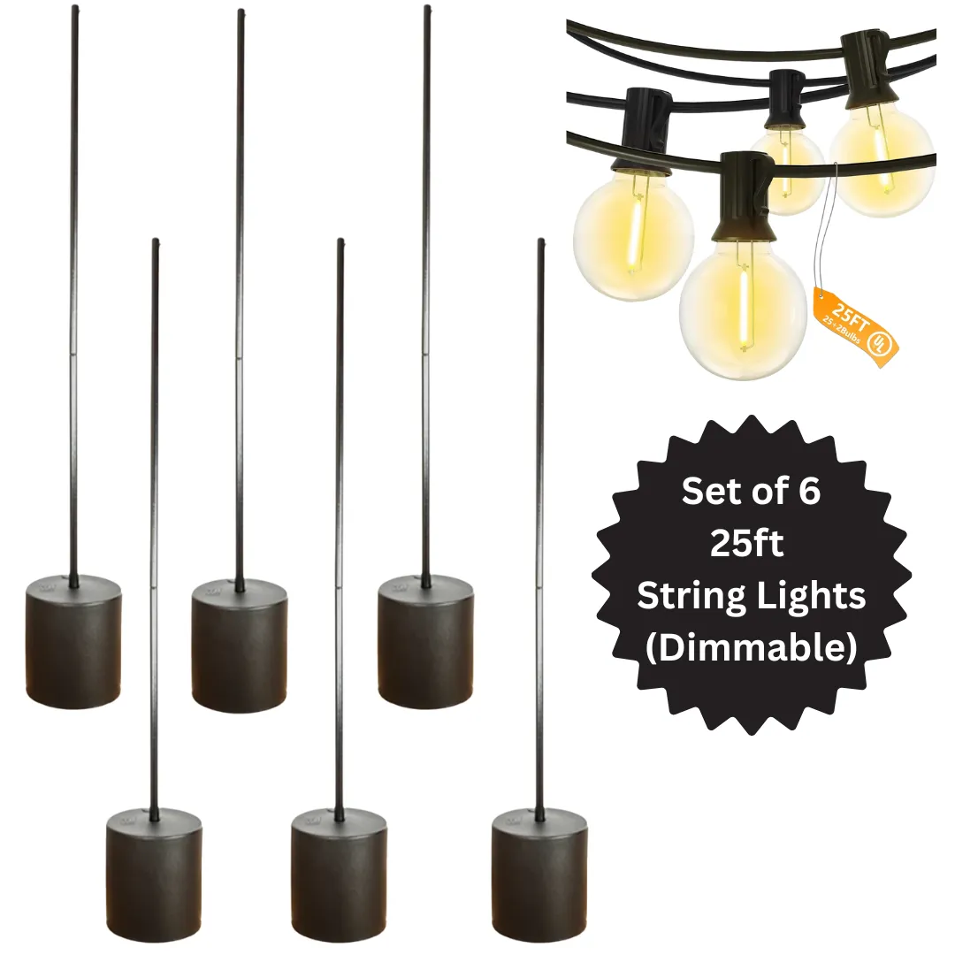 Set of 6: 9ft 6" String Light Pole Stand - 186lbs Sand Filled