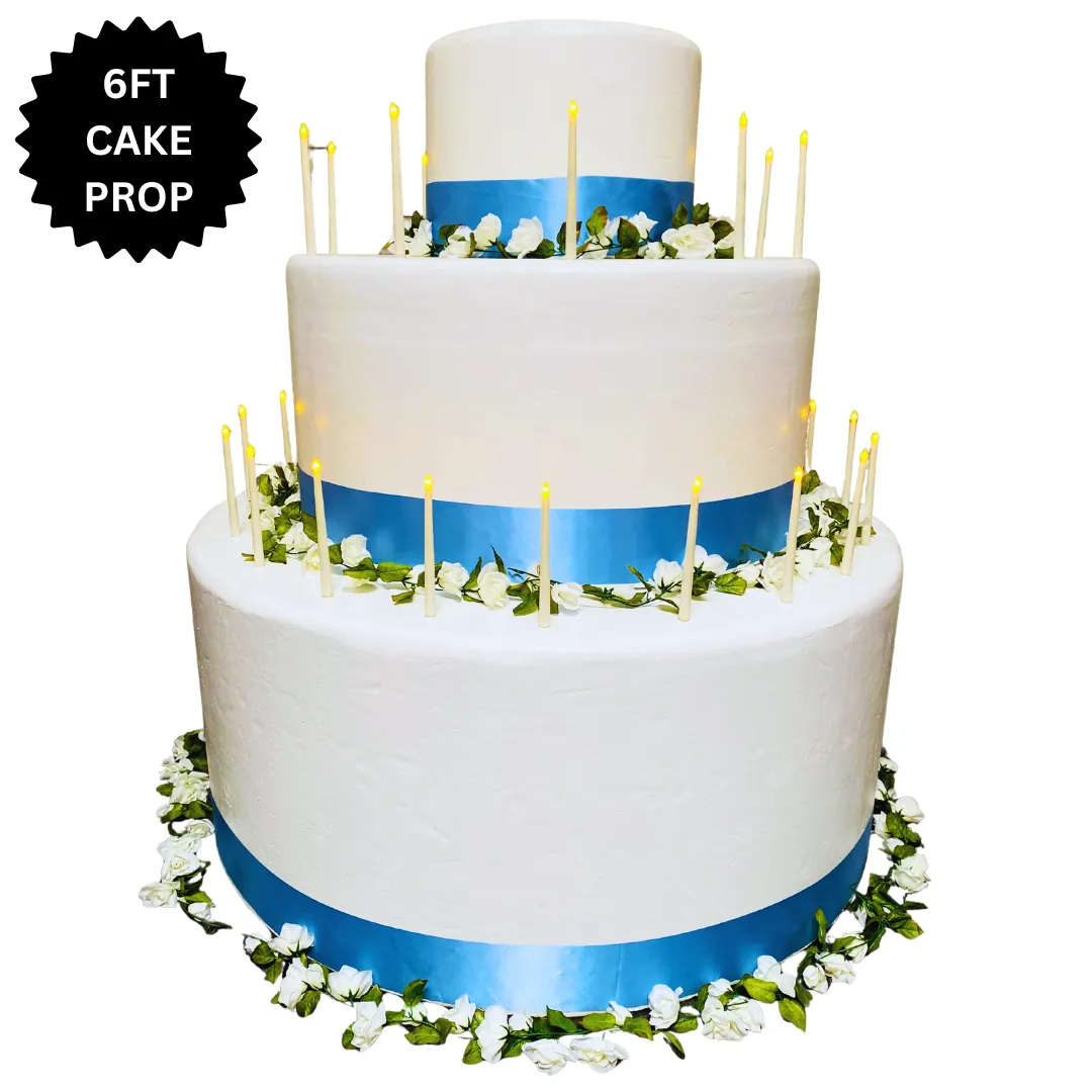 6FT Cake Prop with Florals & Blue Ribbon - Birthdays - Weddings