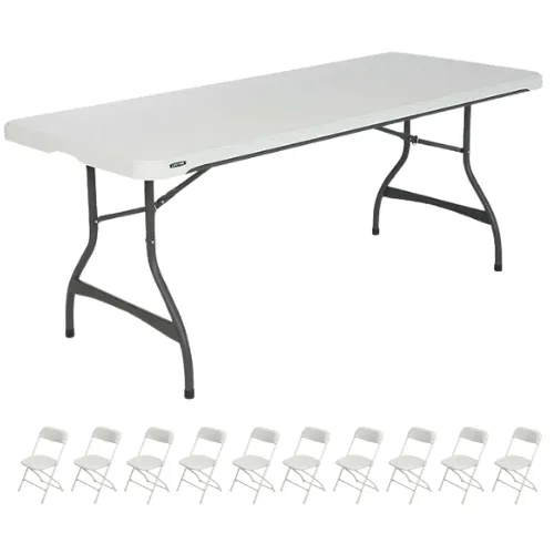 8ft Lifetime Banquet Table & 10 White Folding Chairs