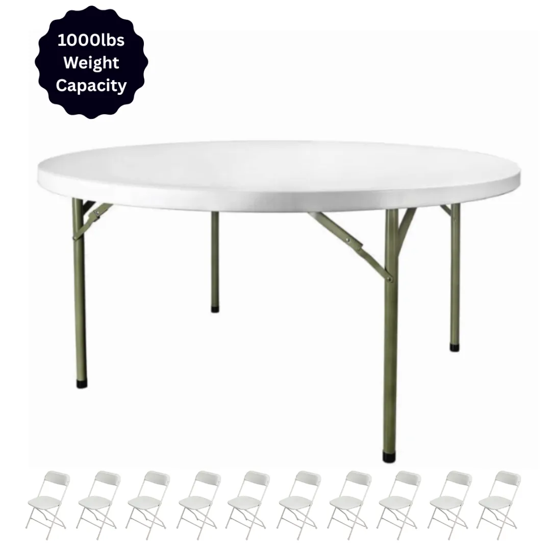 6ft Round Banquet Table & 10 White Folding Chairs Package