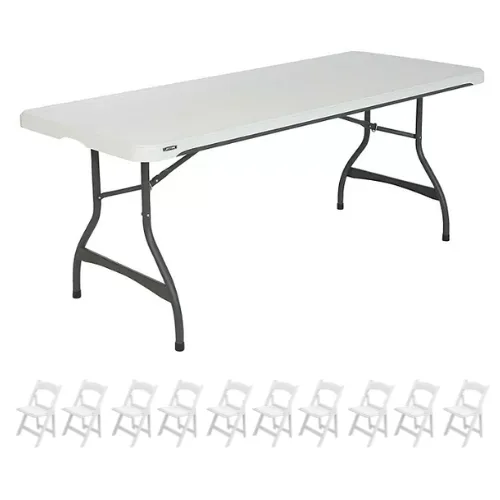 8ft Lifetime Banquet Table & 10 White Padded Resin Chairs