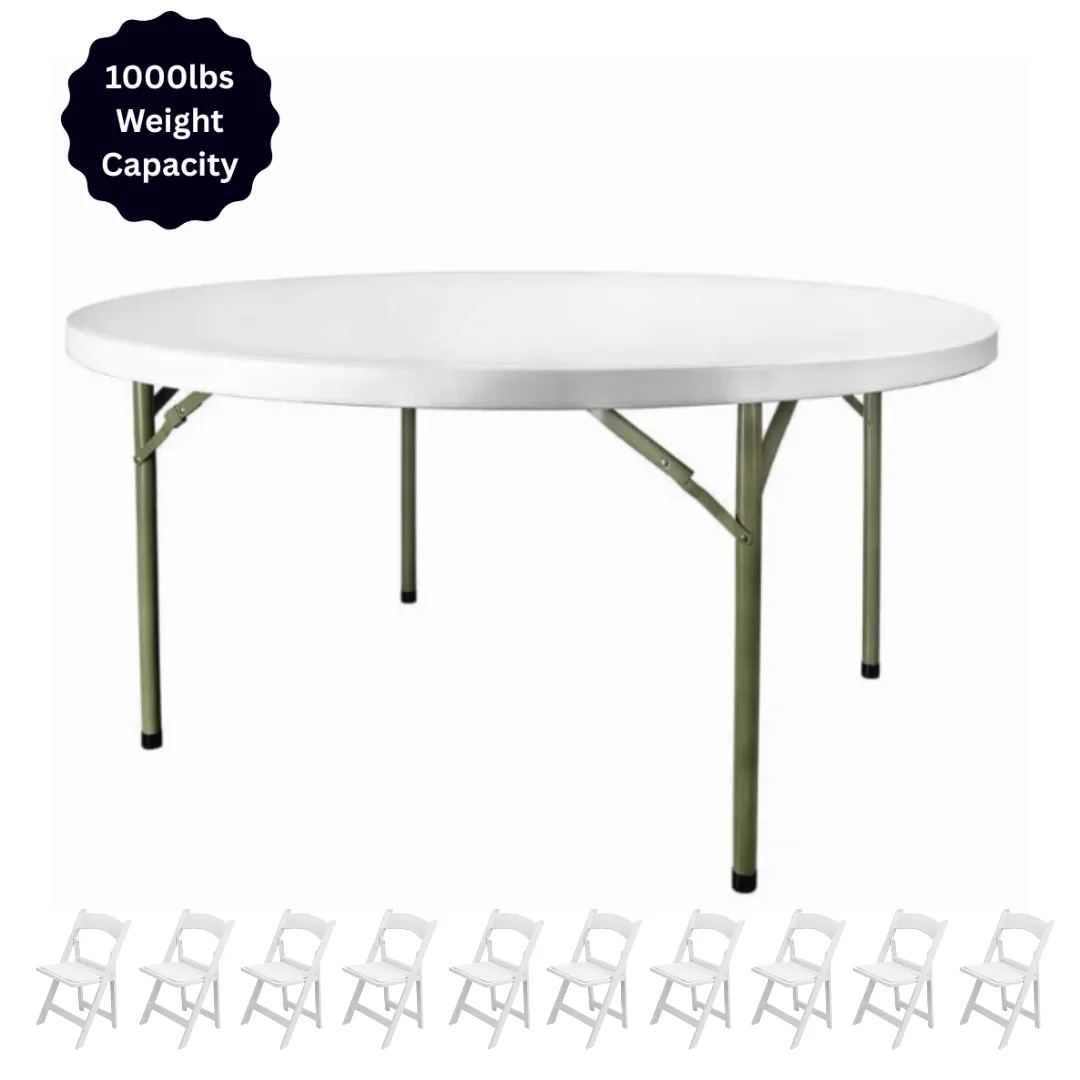 6ft Round Banquet Table & 10 White Padded Resin Chairs Package