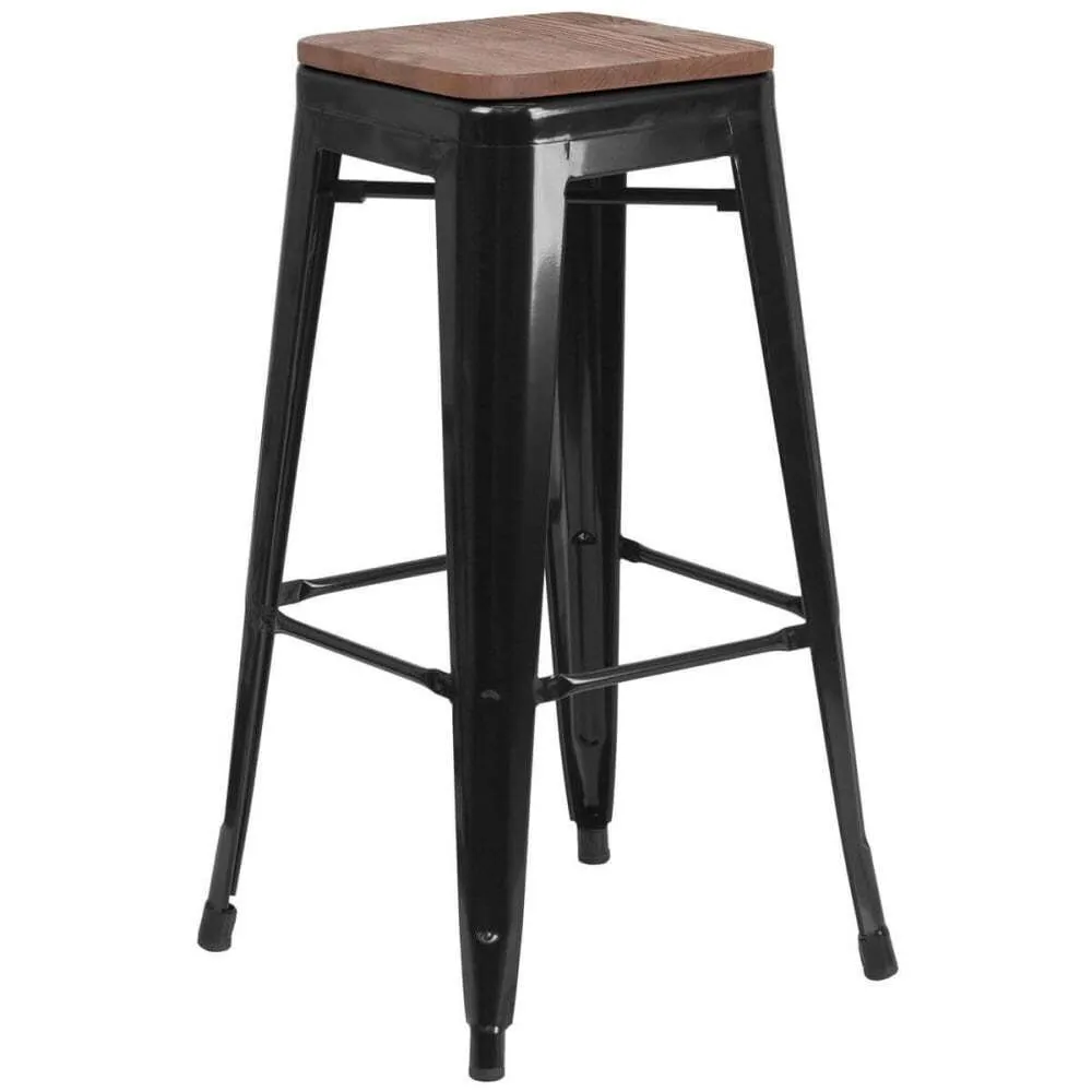 Black Metal Barstool / Wood Seat