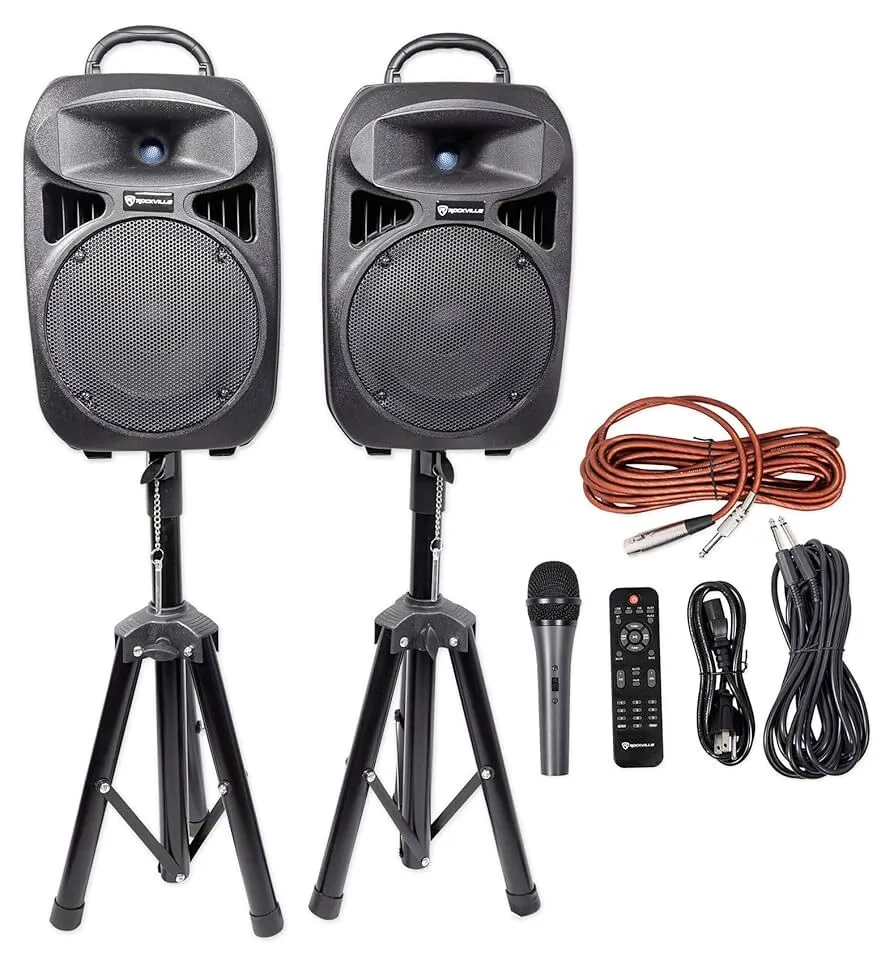 Rockville Dual 8" Bluetooth PA Speakers+Mic+Stands