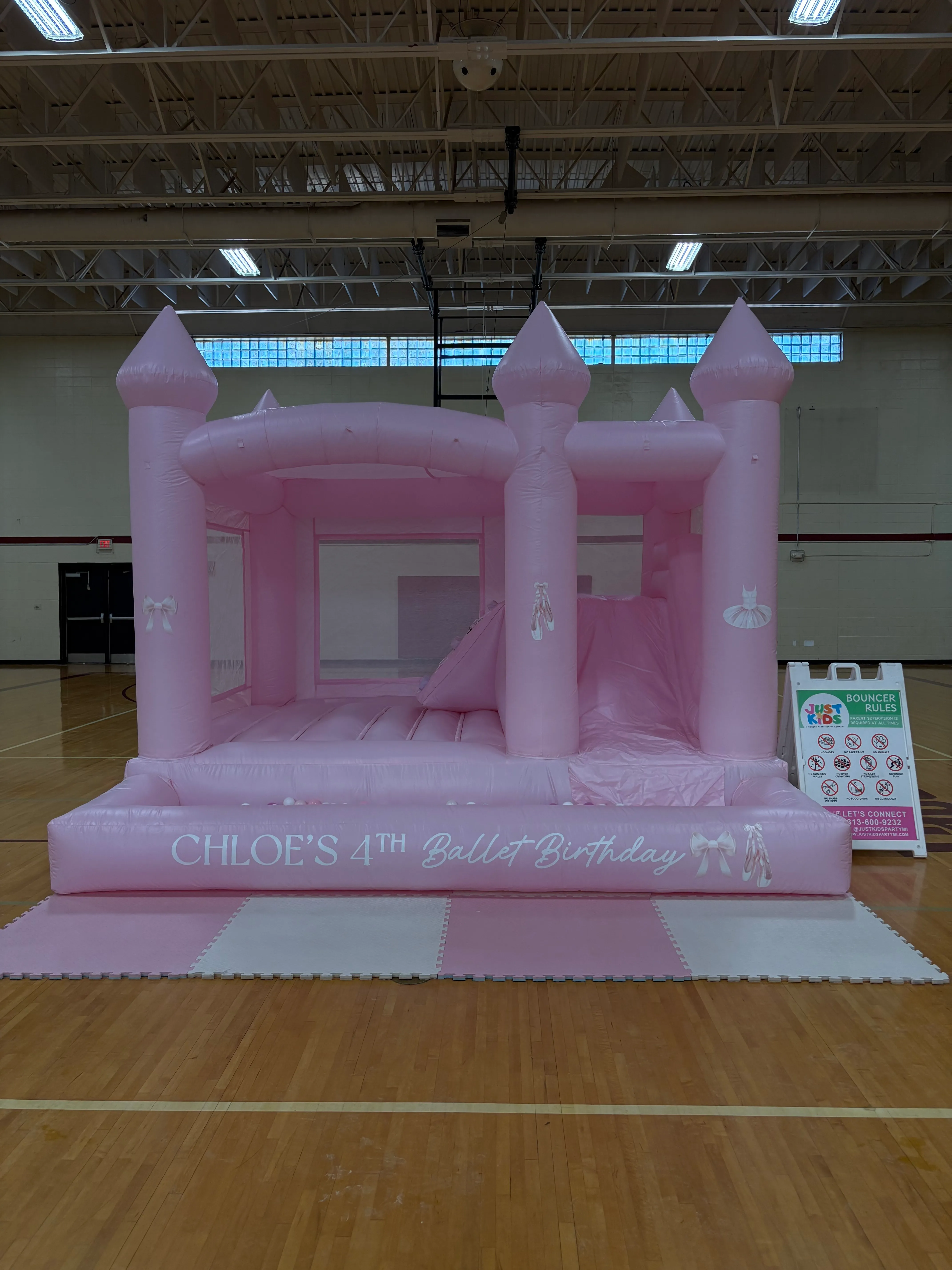 Pastel Pink Inflatable Bounce House with Slide and Ball Pit