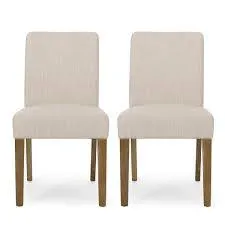 Set of 2 - Natural Linen Dining Chair with Wood Legs