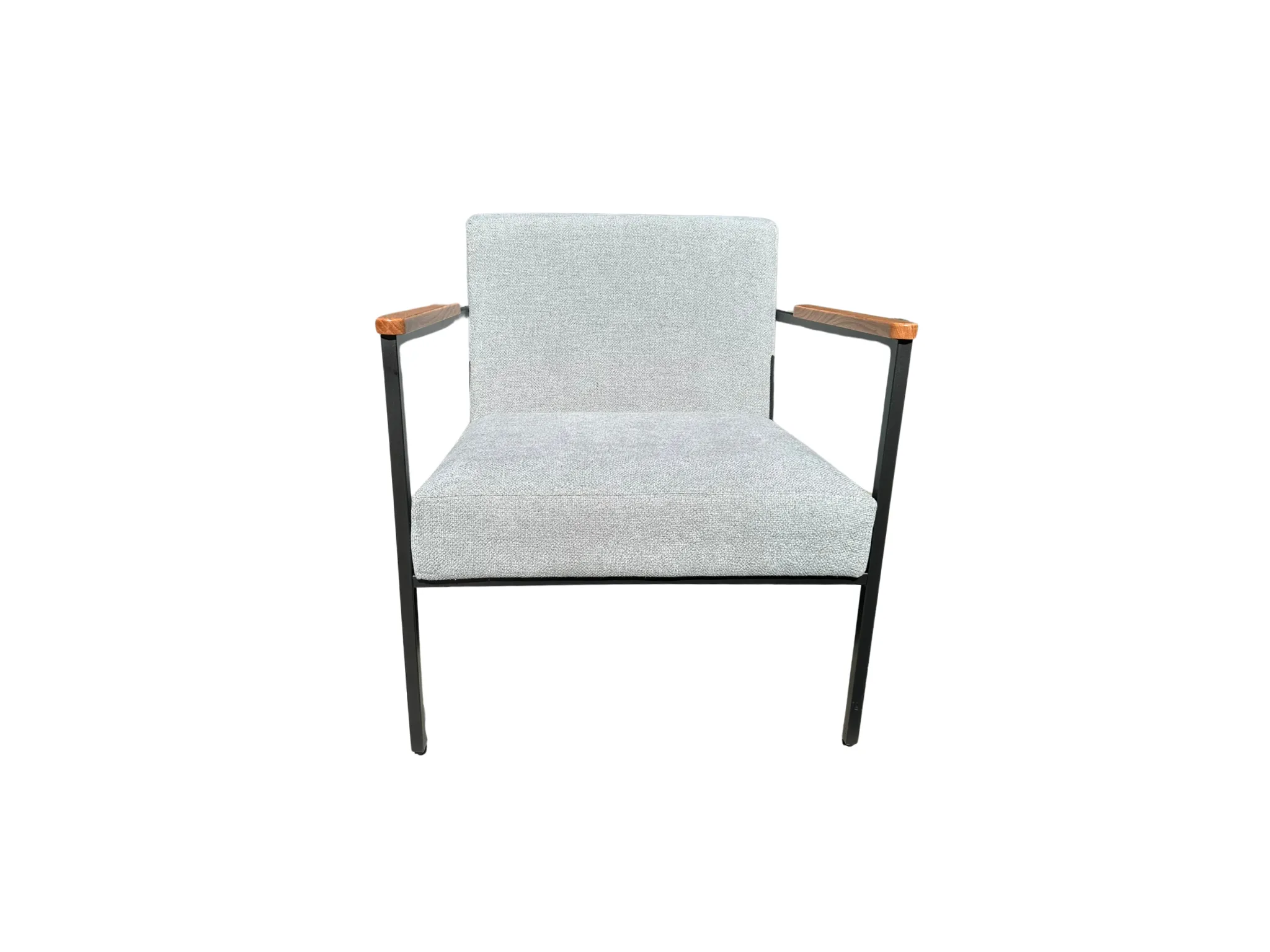 Gray Upholstered Accent Chair with Black Legs and Wood Arm