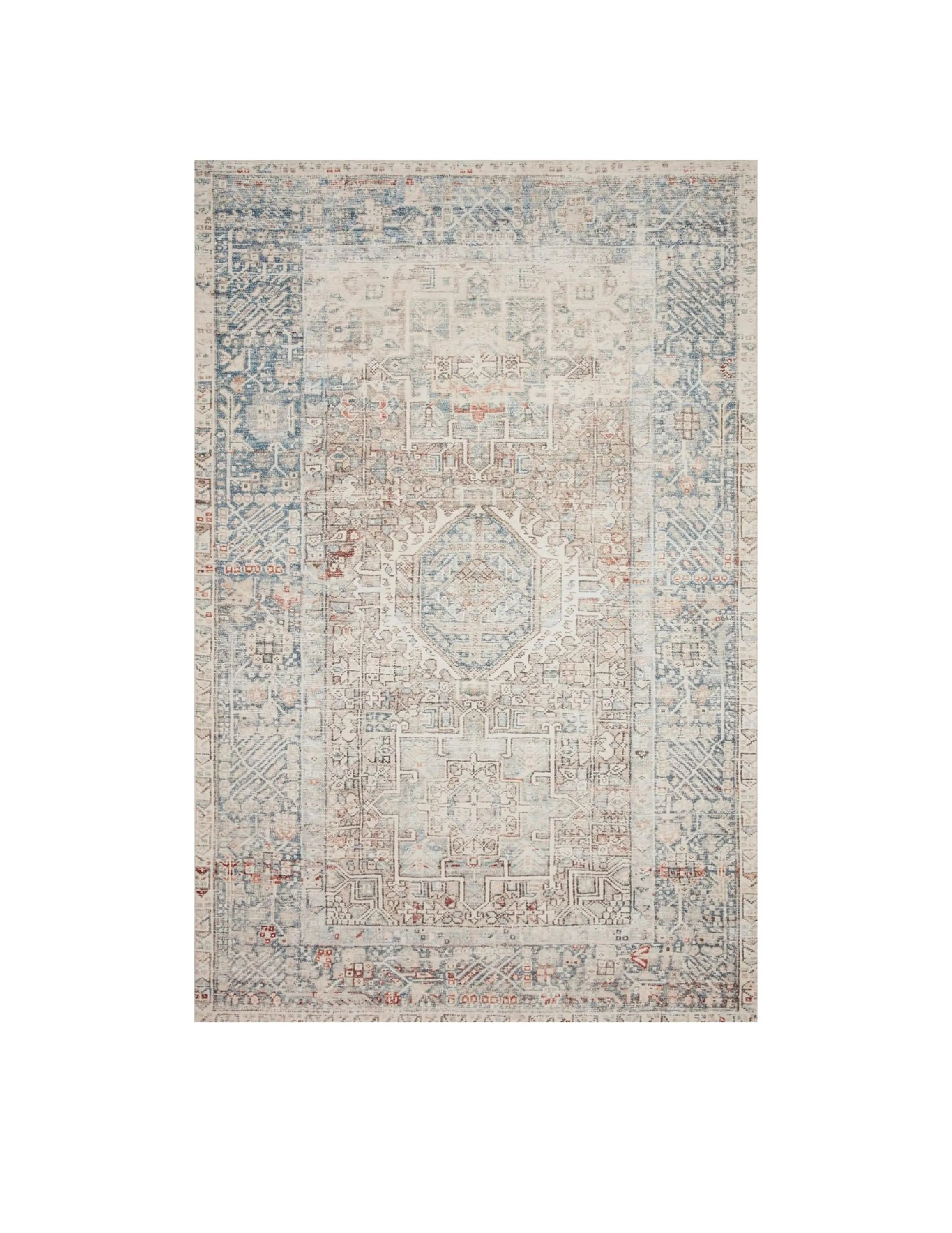 5x7 Cream Rug with Blue & Rust Pattern