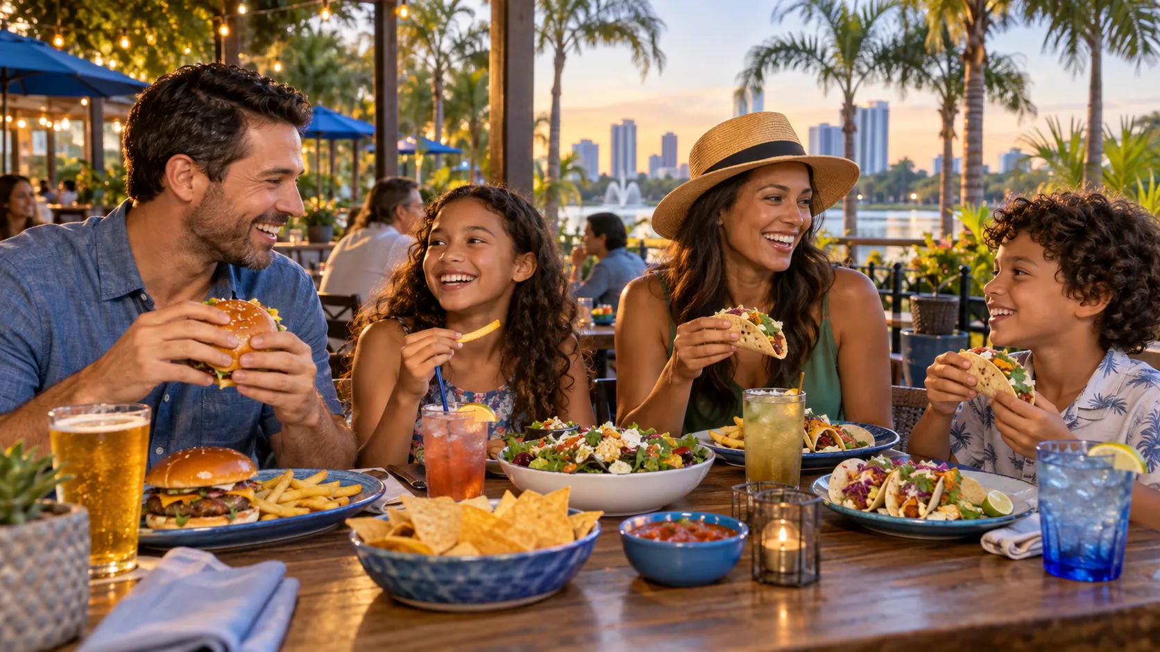 Family enjoying an affordable meal at a casual Orlando restaurant