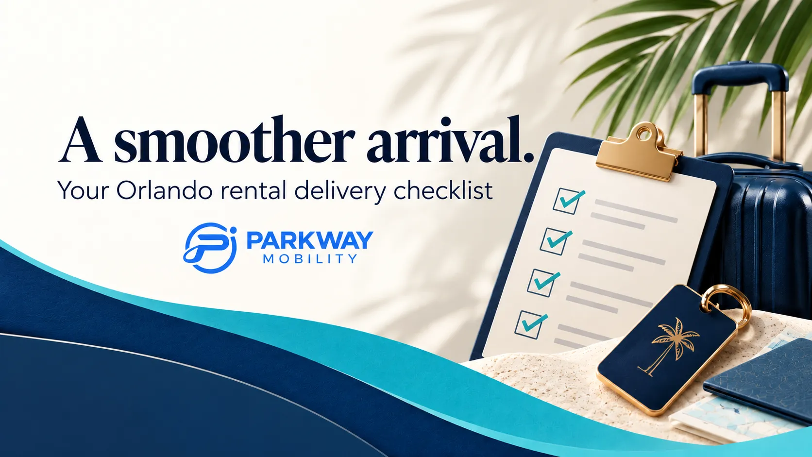 Parkway Mobility travel checklist illustration with luggage, a room key and turquoise accents.