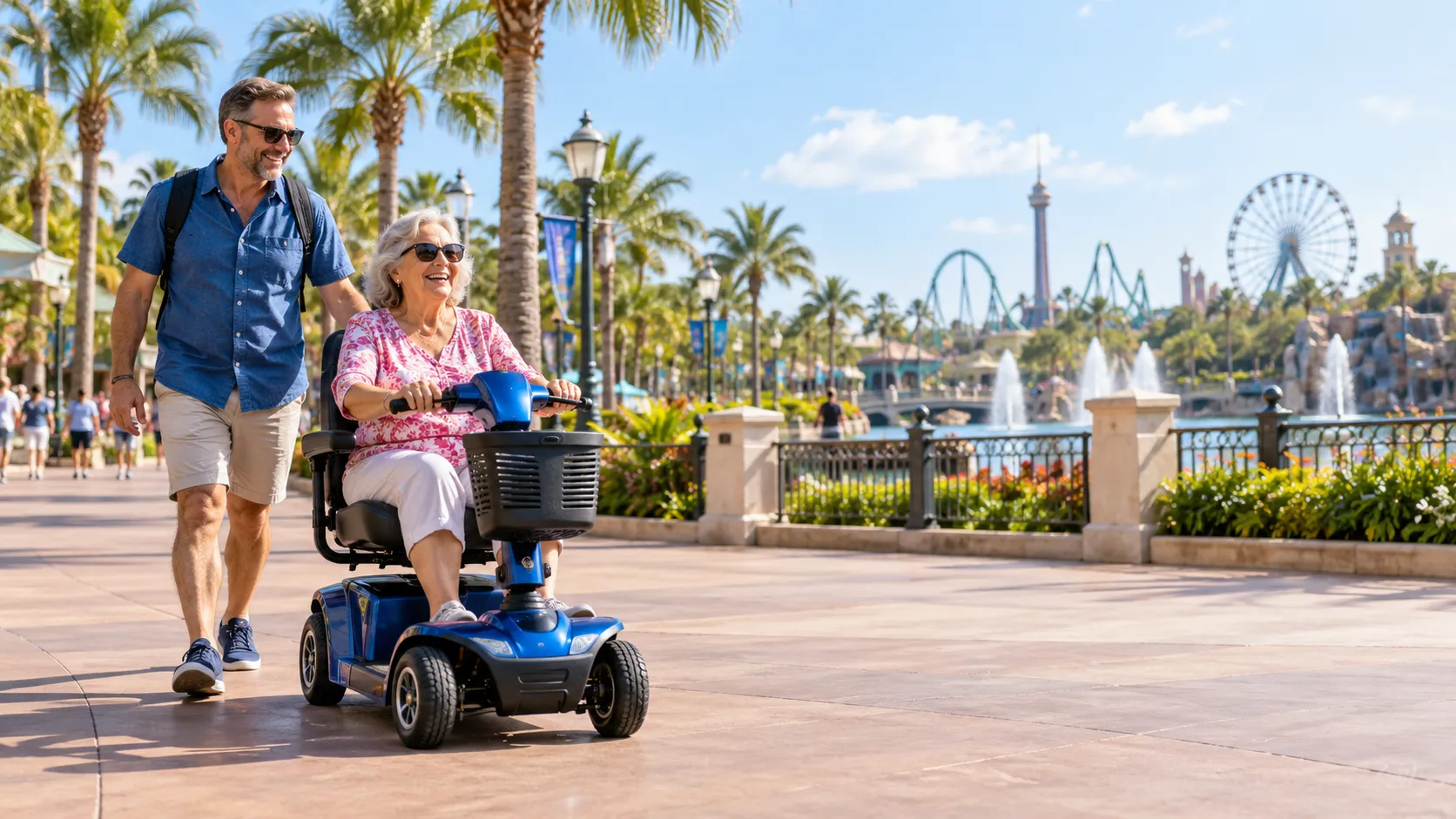 Traveler using a blue four-wheel mobility scooter on a sunny Orlando theme park promenade