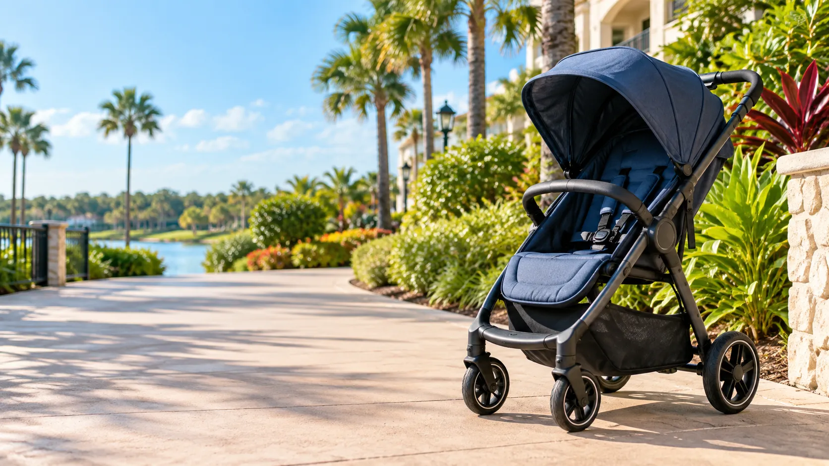 Illustrative stroller beside a sunlit Central Florida resort path.