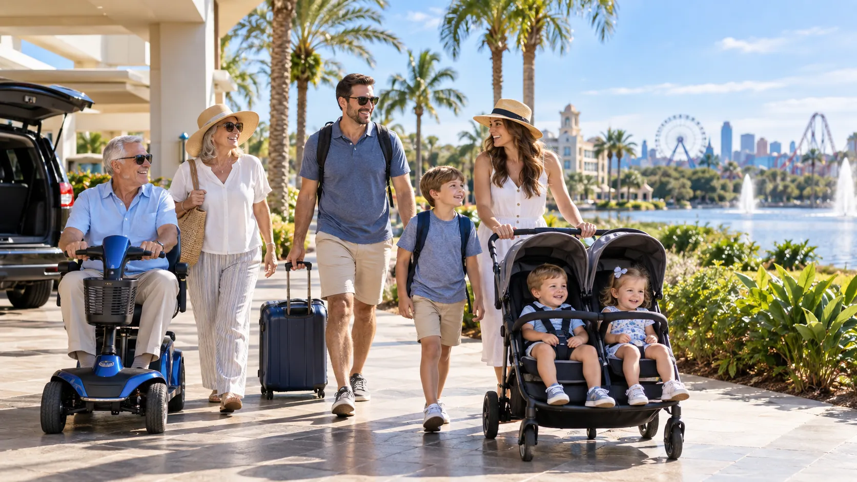 Family arriving in Orlando with a mobility scooter and double stroller