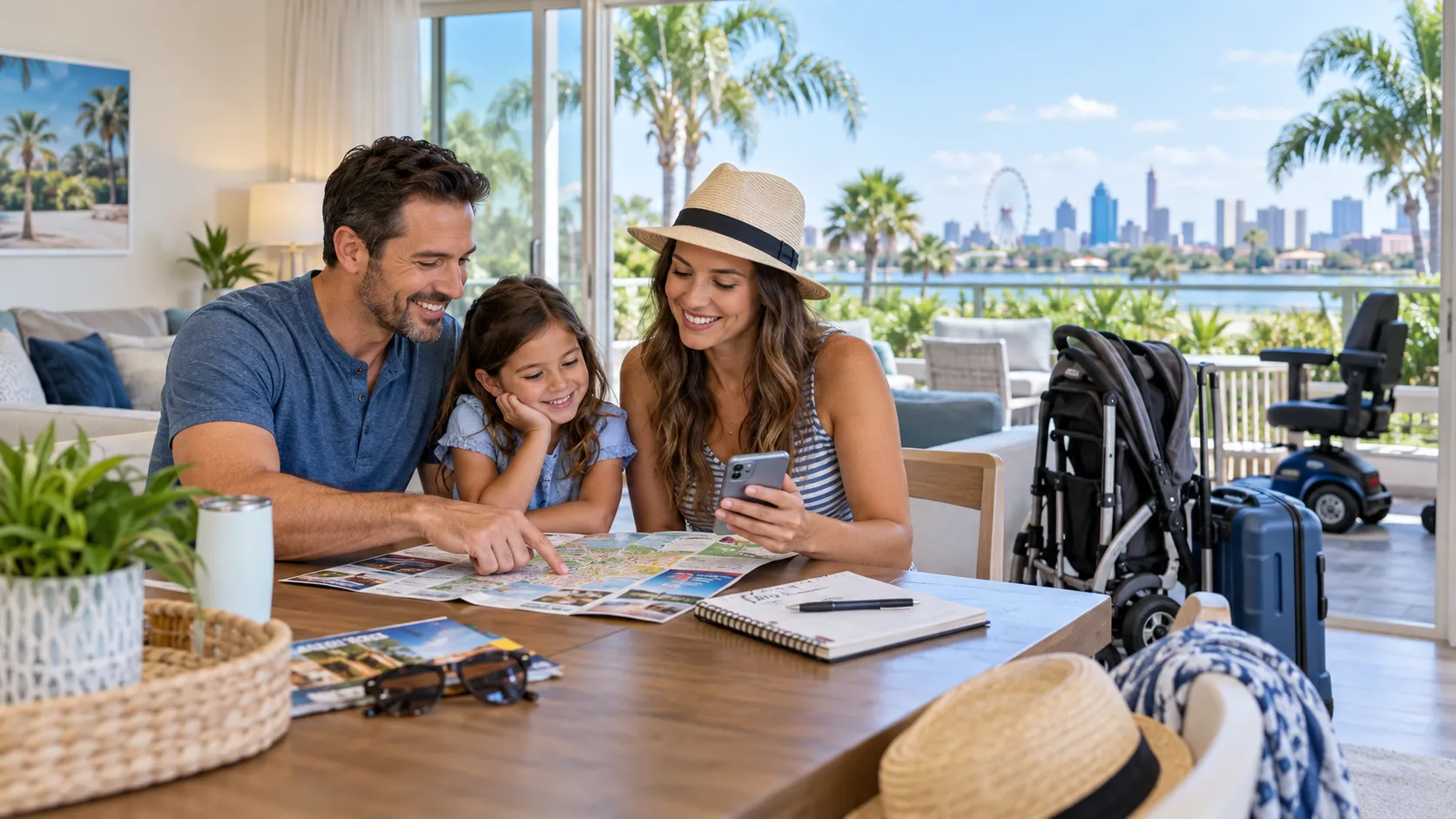 Family planning an Orlando vacation budget with mobility equipment nearby