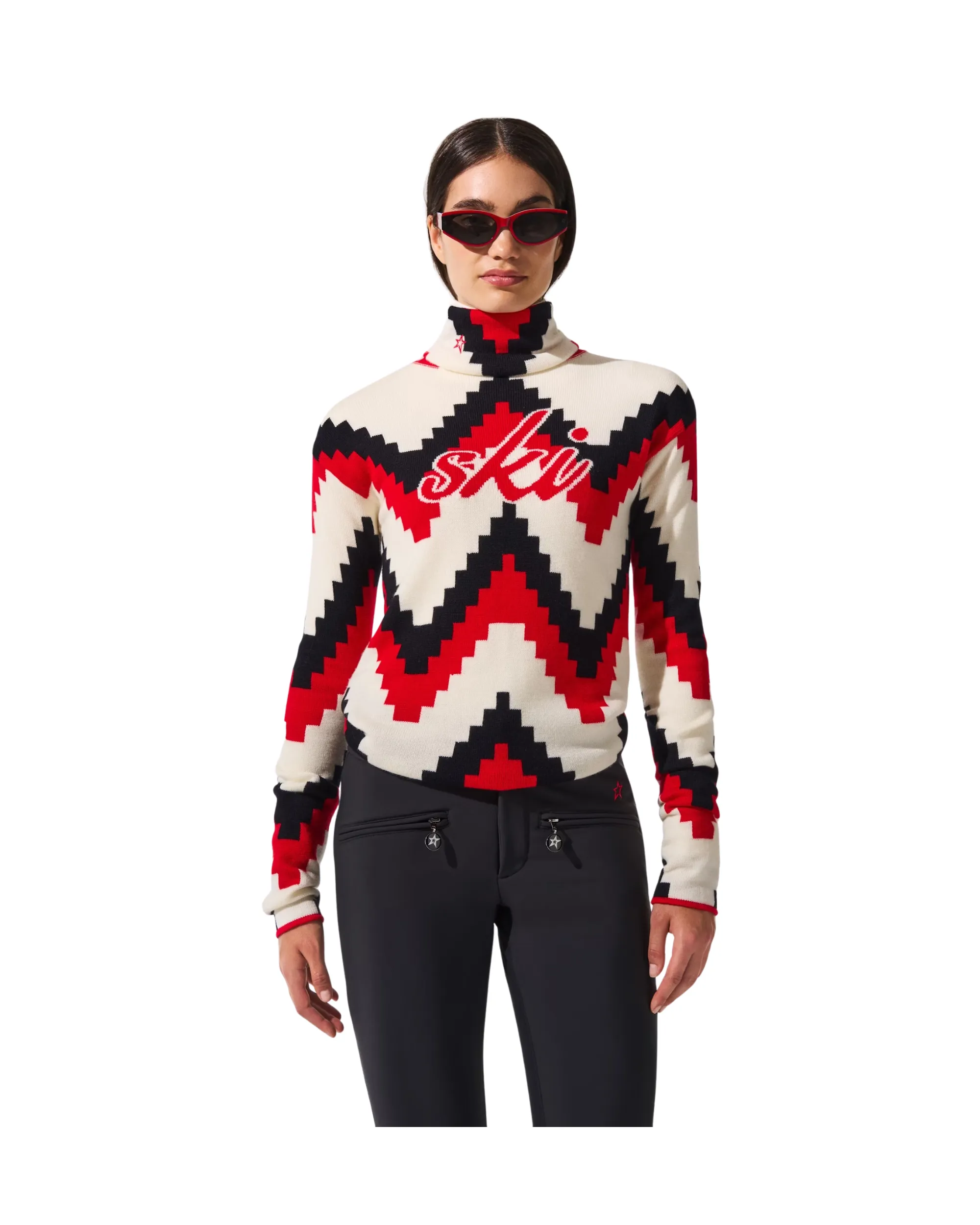 PERFECT MOMENT <br> Red Chevron Merino Wool Turtleneck Sweater Size M <br> RRP $720