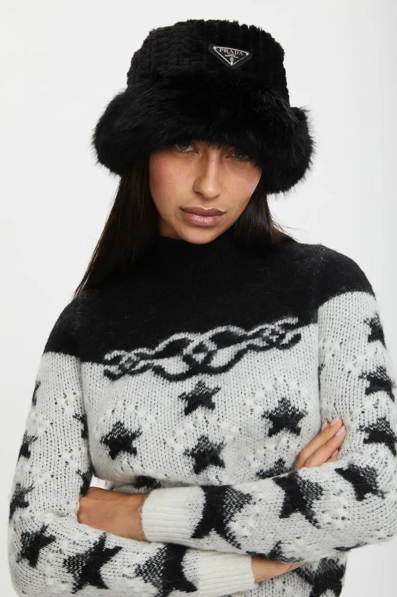 PRADA <br> Shearling Logo Plaque Bucket Hat <br> RRP $1400