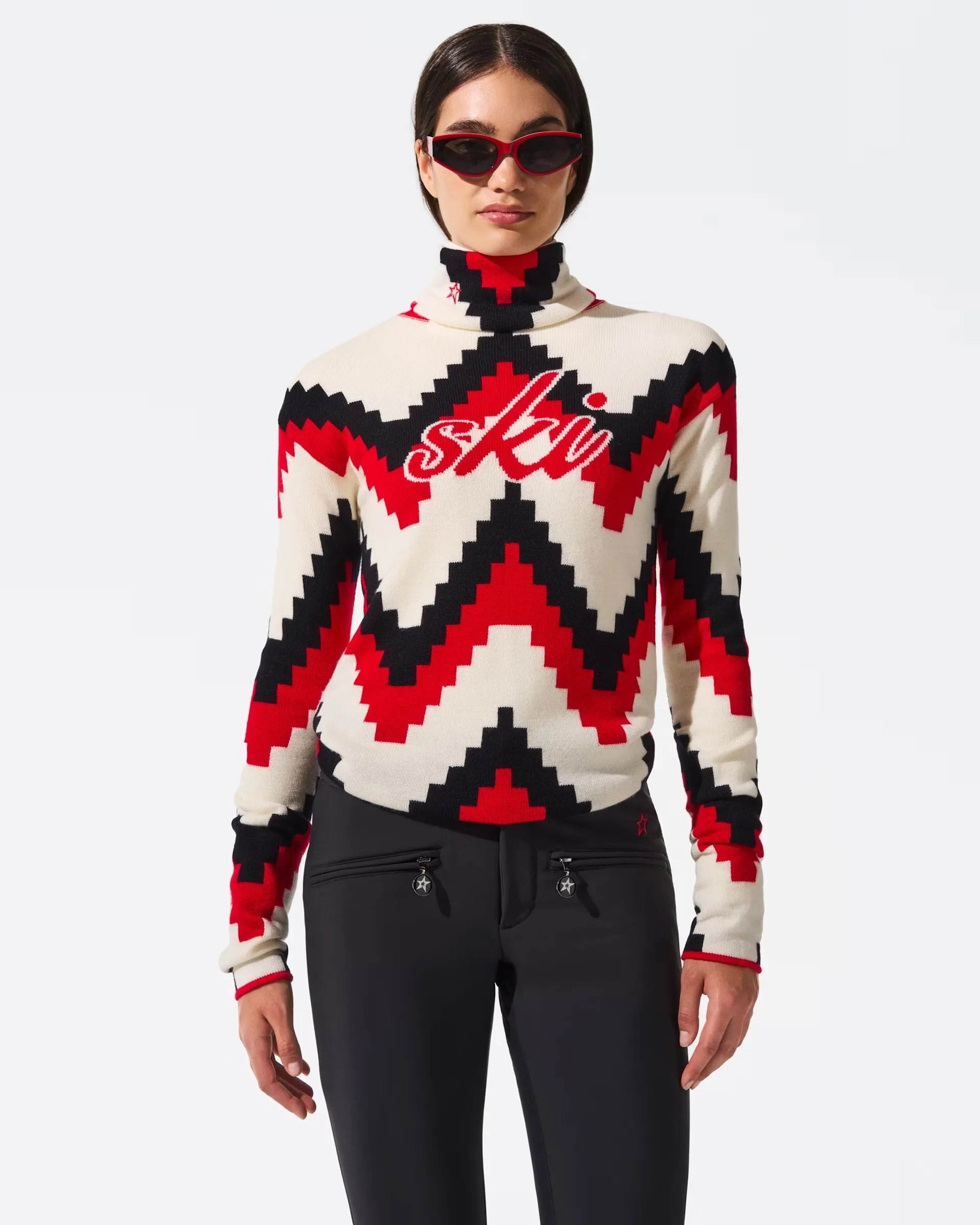 PERFECT MOMENT <br> Red Chevron Merino Wool Turtleneck Sweater Size M <br> RRP $720