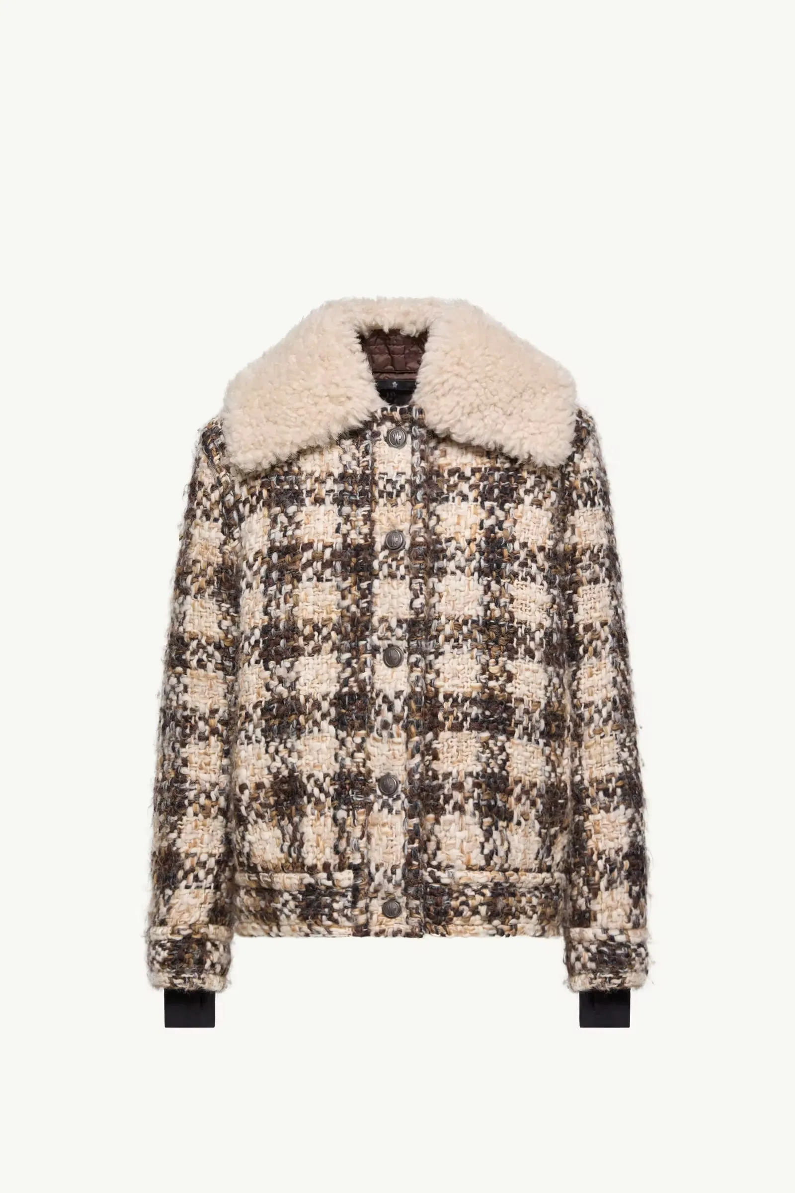 MONCLER Grenoble Camlez Wool & Shearling-Trimmed Short Down Jacket <br> Beige and brown <br> Size 1